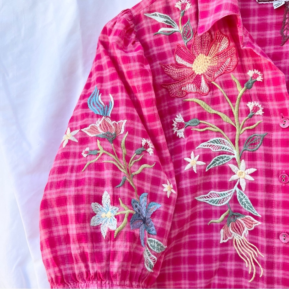 JOHNNY WAS | JORDAN LISBON SHIRT SMALL PINK EMBROIDERED PUFF SLEEVE BLOUSE - Picture 6 of 10